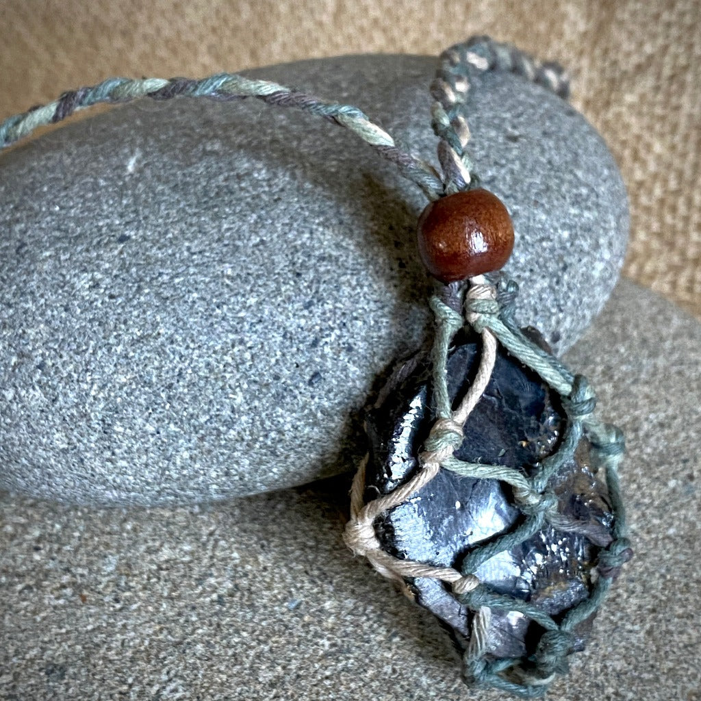 Elite Shungite Nugget Adjustable Macrame Necklace, Forest Hemp Cord
