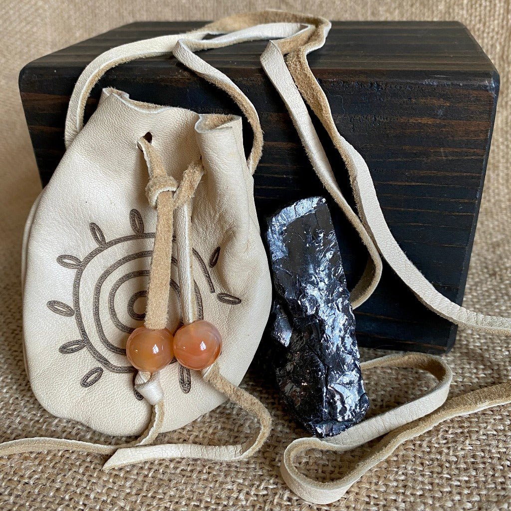 Elite Shungite Nugget in Deer Leather Neck Pouch, Carnelian Beads