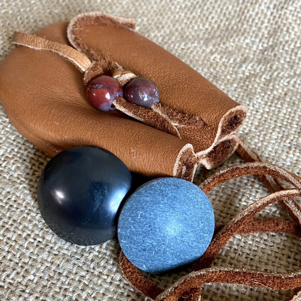 Shungite & Soapstone Harmonizers in Handmade Elk Leather Neck Pouch