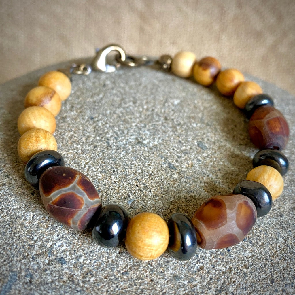 Palo Santo Bracelet, Shungite, Tibetan DZI Agate Rice Beads, Brass