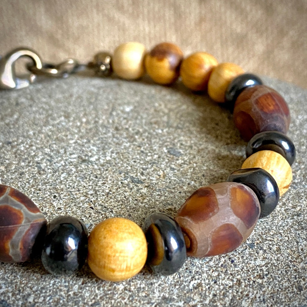 Palo Santo Bracelet, Shungite, Tibetan DZI Agate Rice Beads, Brass