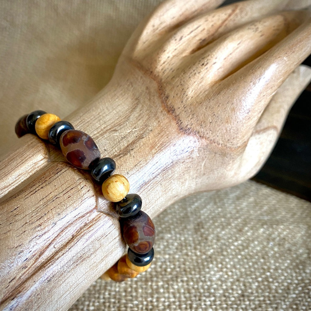 Palo Santo Bracelet, Shungite, Tibetan DZI Agate Rice Beads, Brass