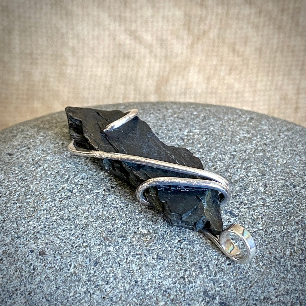 Elite Shungite Pendant, 45mm, Hand Forged Sterling Silver Wire Setting