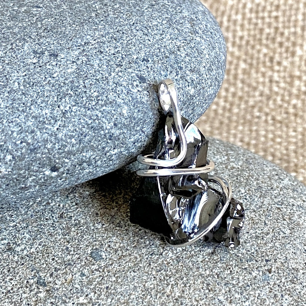 Elite Shungite Pendant, 32mm, Hand Forged Sterling Silver Wire Setting