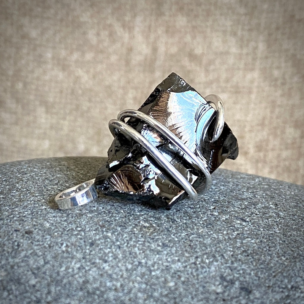 Elite Shungite Pendant, 32mm, Hand Forged Sterling Silver Wire Setting