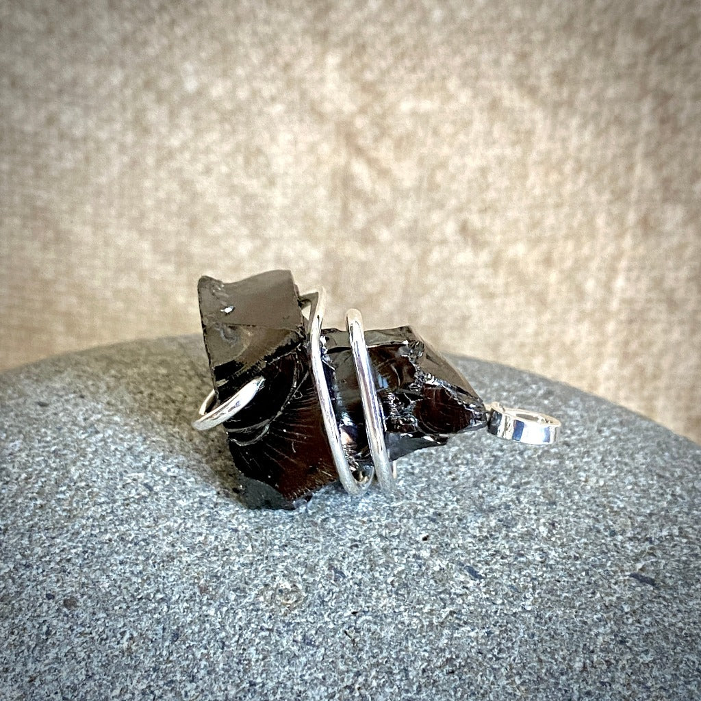 Elite Shungite Pendant, 32mm, Hand Forged Sterling Silver Wire Setting