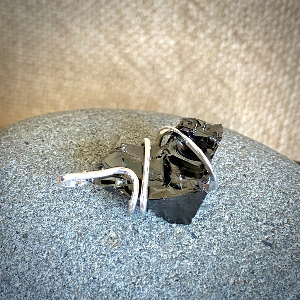Elite Shungite Pendant, 32mm, Hand Forged Sterling Silver Wire Setting