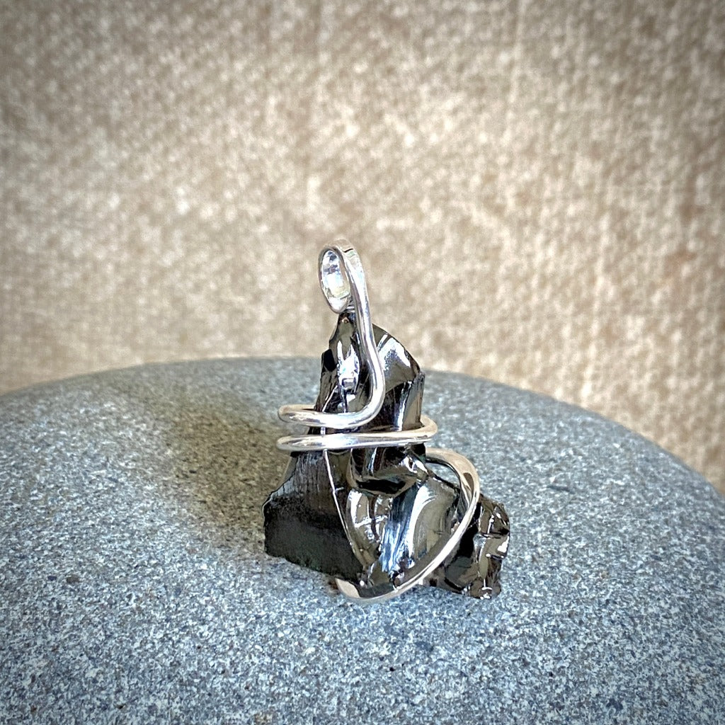 Elite Shungite Pendant, 32mm, Hand Forged Sterling Silver Wire Setting
