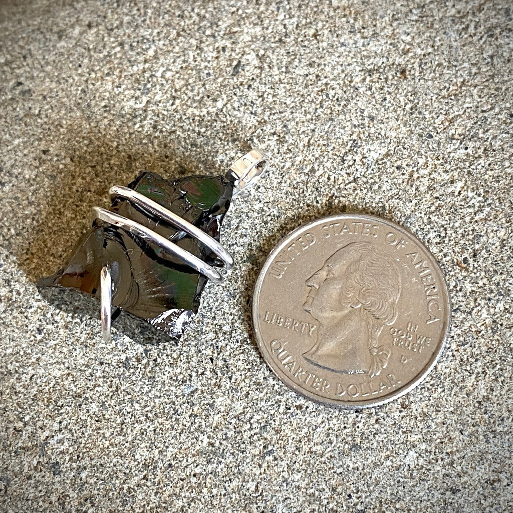 Elite Shungite Pendant, 32mm, Hand Forged Sterling Silver Wire Setting