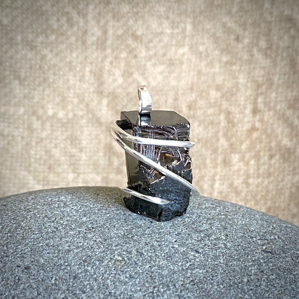 Elite Shungite Pendant, 25mm, Hand Forged Sterling Silver Wire Setting