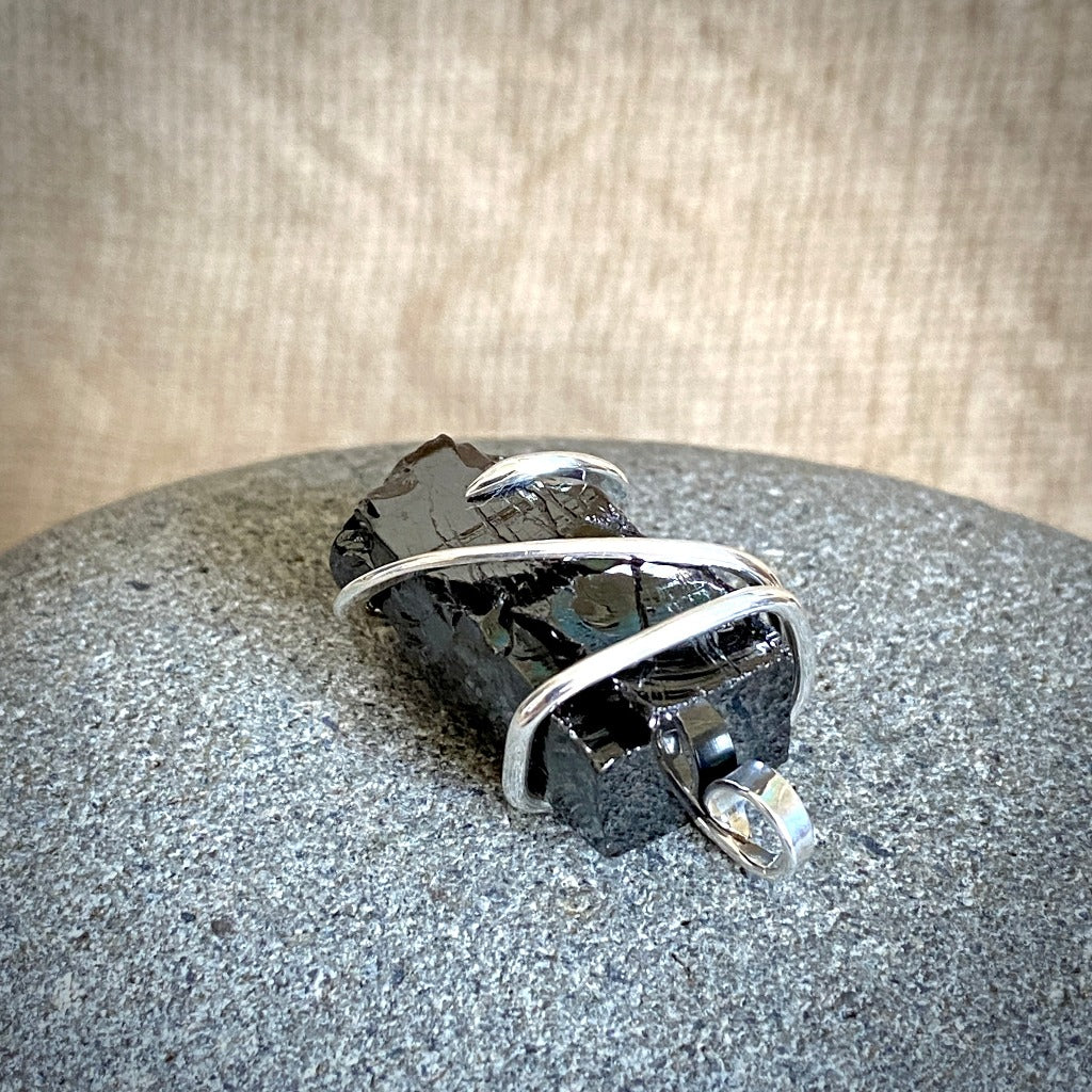 Elite Shungite Pendant, 25mm, Hand Forged Sterling Silver Wire Setting