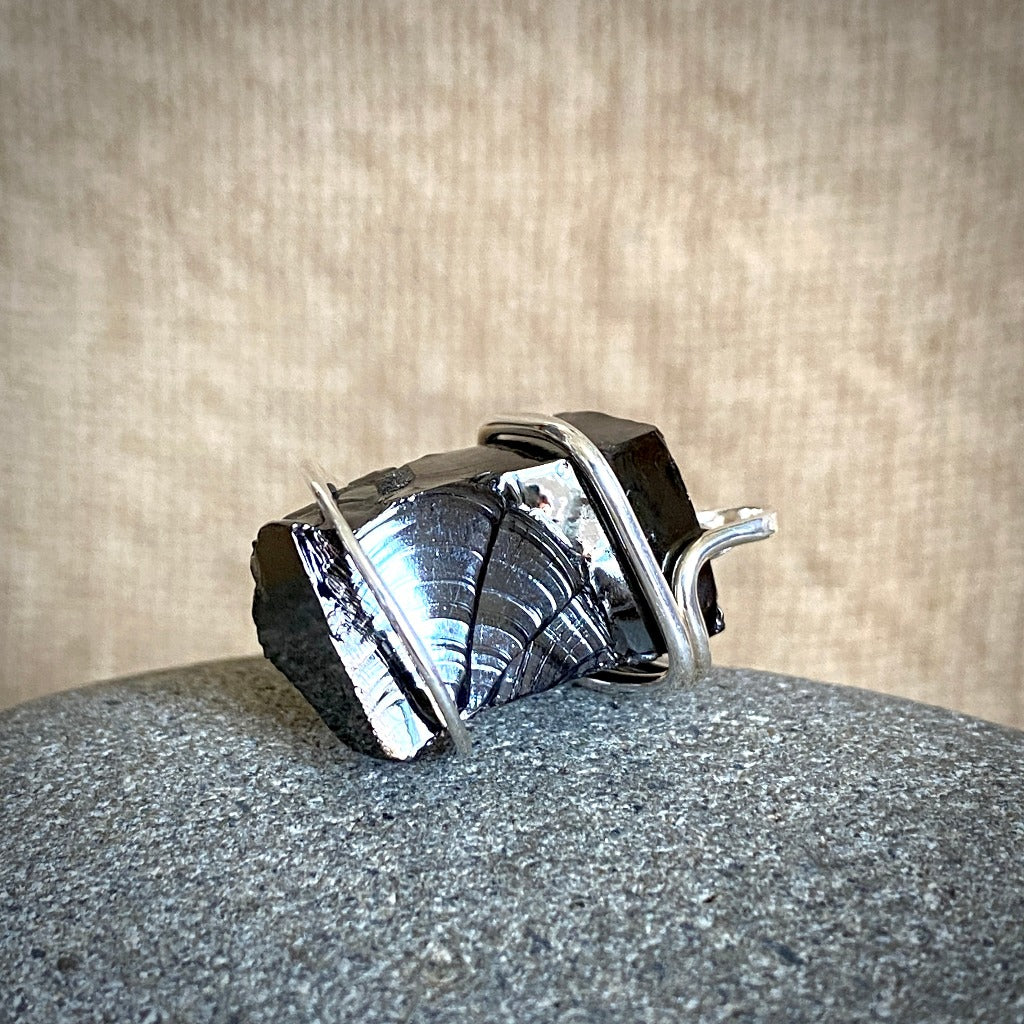 Elite Shungite Pendant, 25mm, Hand Forged Sterling Silver Wire Setting