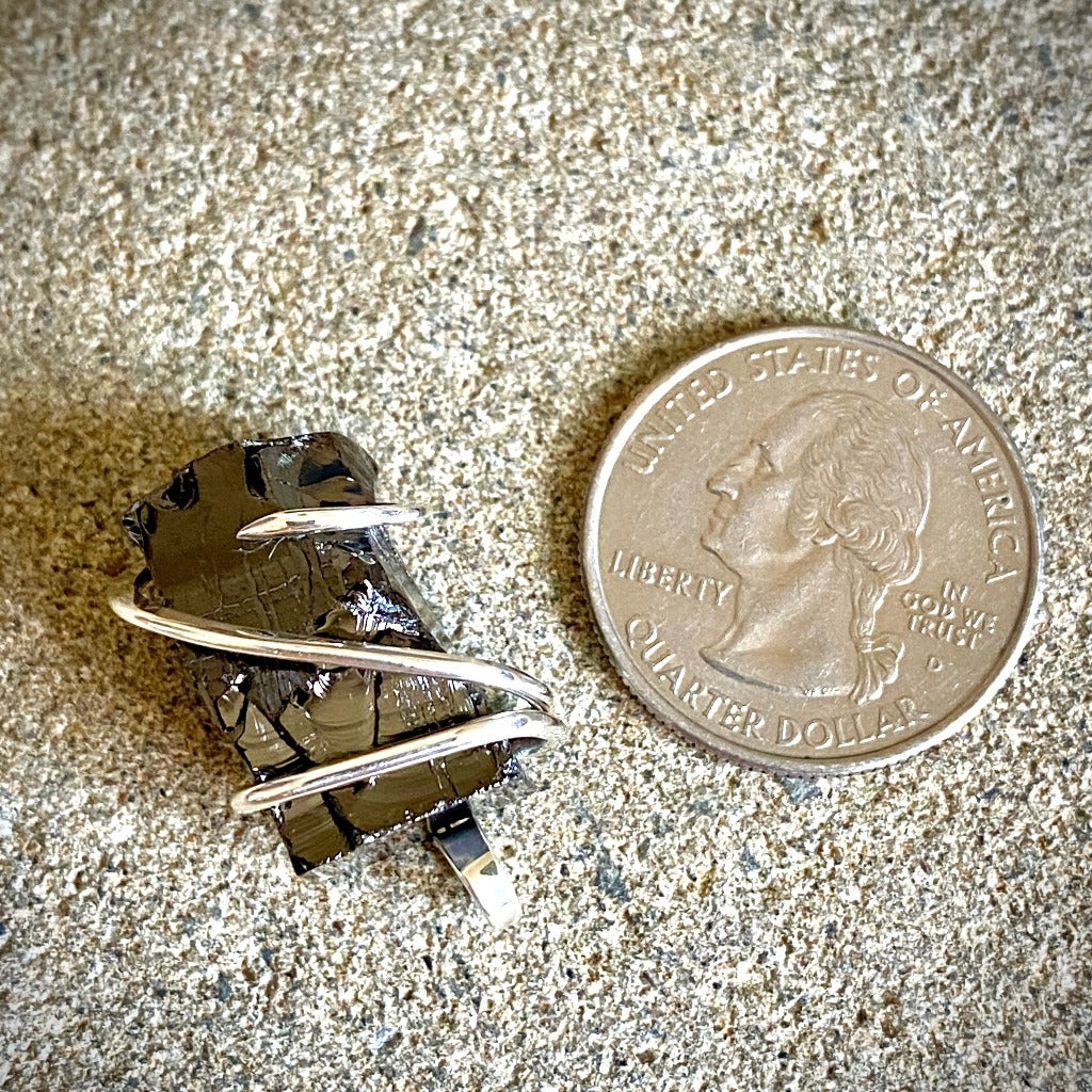 Elite Shungite Pendant, 25mm, Hand Forged Sterling Silver Wire Setting