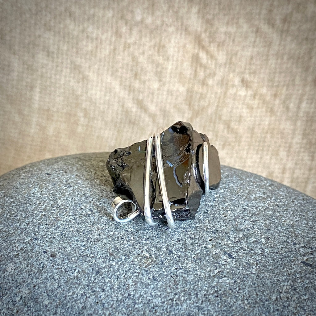Elite Shungite Pendant, 28mm, Hand Forged Sterling Silver Wire Setting