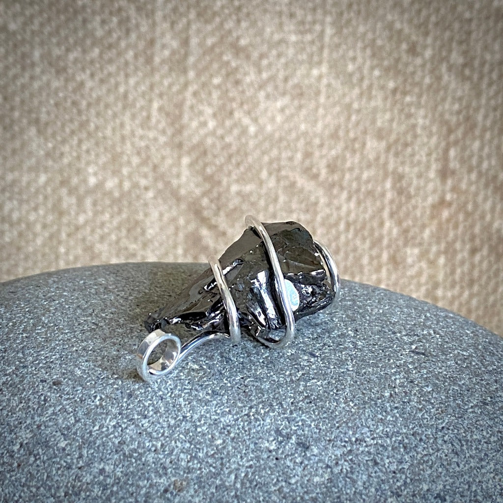 Elite Shungite Pendant, 32mm, Hand Forged Sterling Silver Wire Setting