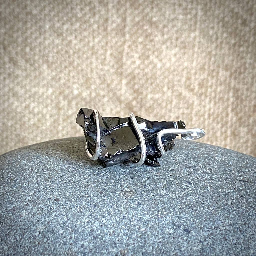 Elite Shungite Pendant, 32mm, Hand Forged Sterling Silver Wire Setting