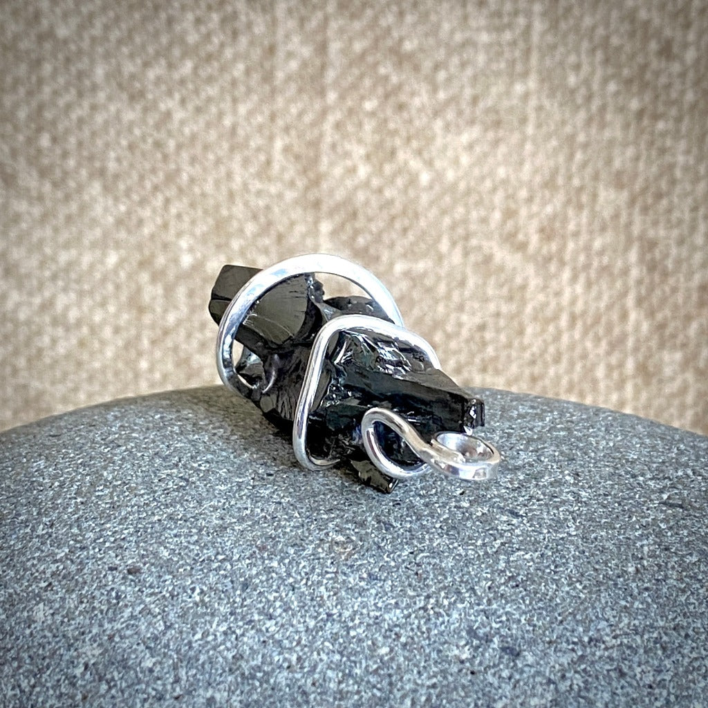 Elite Shungite Pendant, 32mm, Hand Forged Sterling Silver Wire Setting