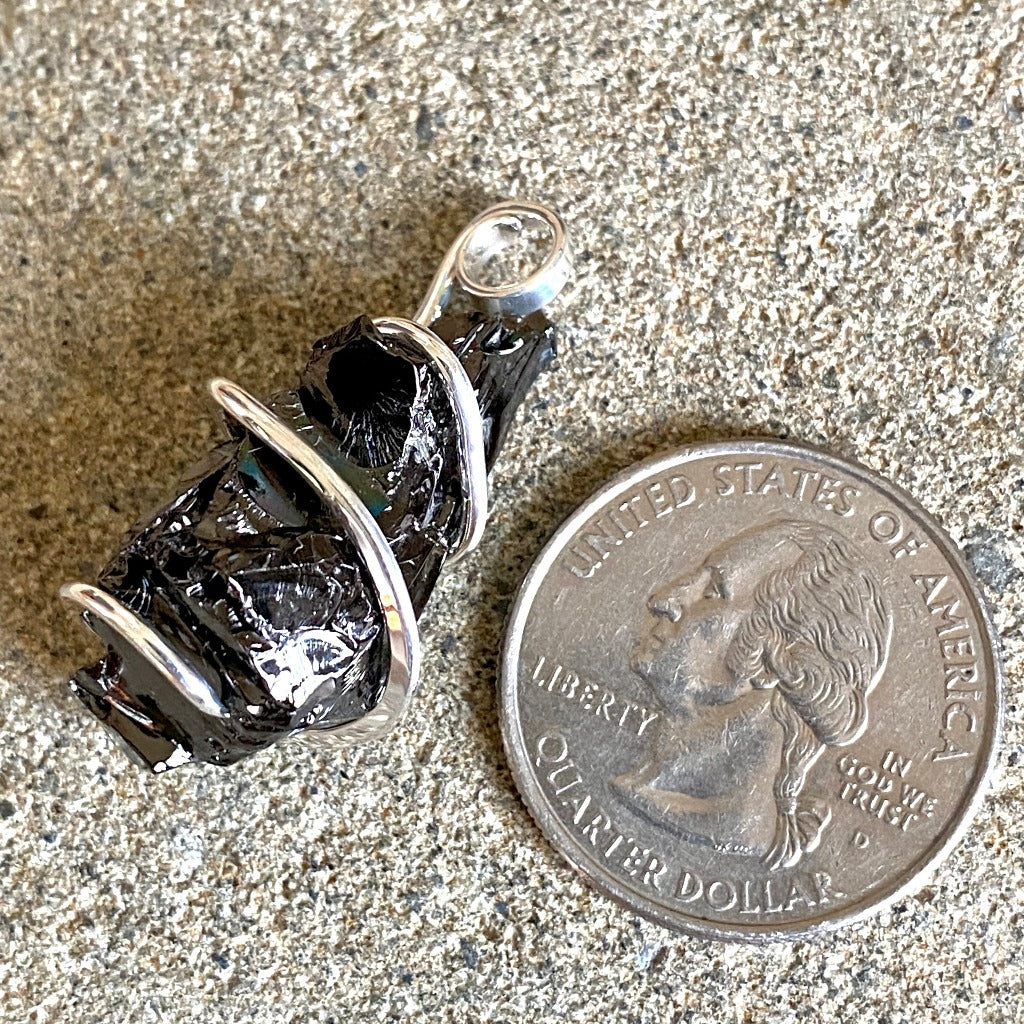 Elite Shungite Pendant, 32mm, Hand Forged Sterling Silver Wire Setting
