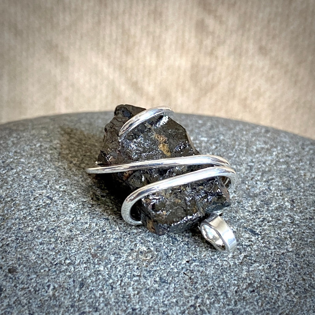 Elite Shungite Pendant, 26mm, Hand Forged Sterling Silver Wire Setting