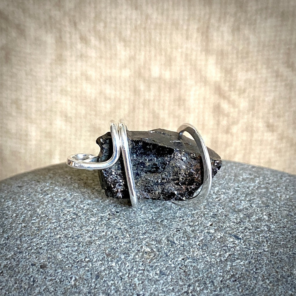 Elite Shungite Pendant, 26mm, Hand Forged Sterling Silver Wire Setting