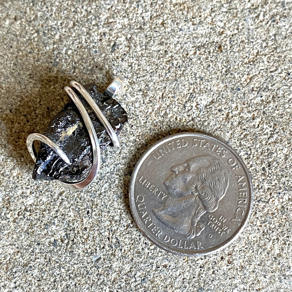Elite Shungite Pendant, 26mm, Hand Forged Sterling Silver Wire Setting