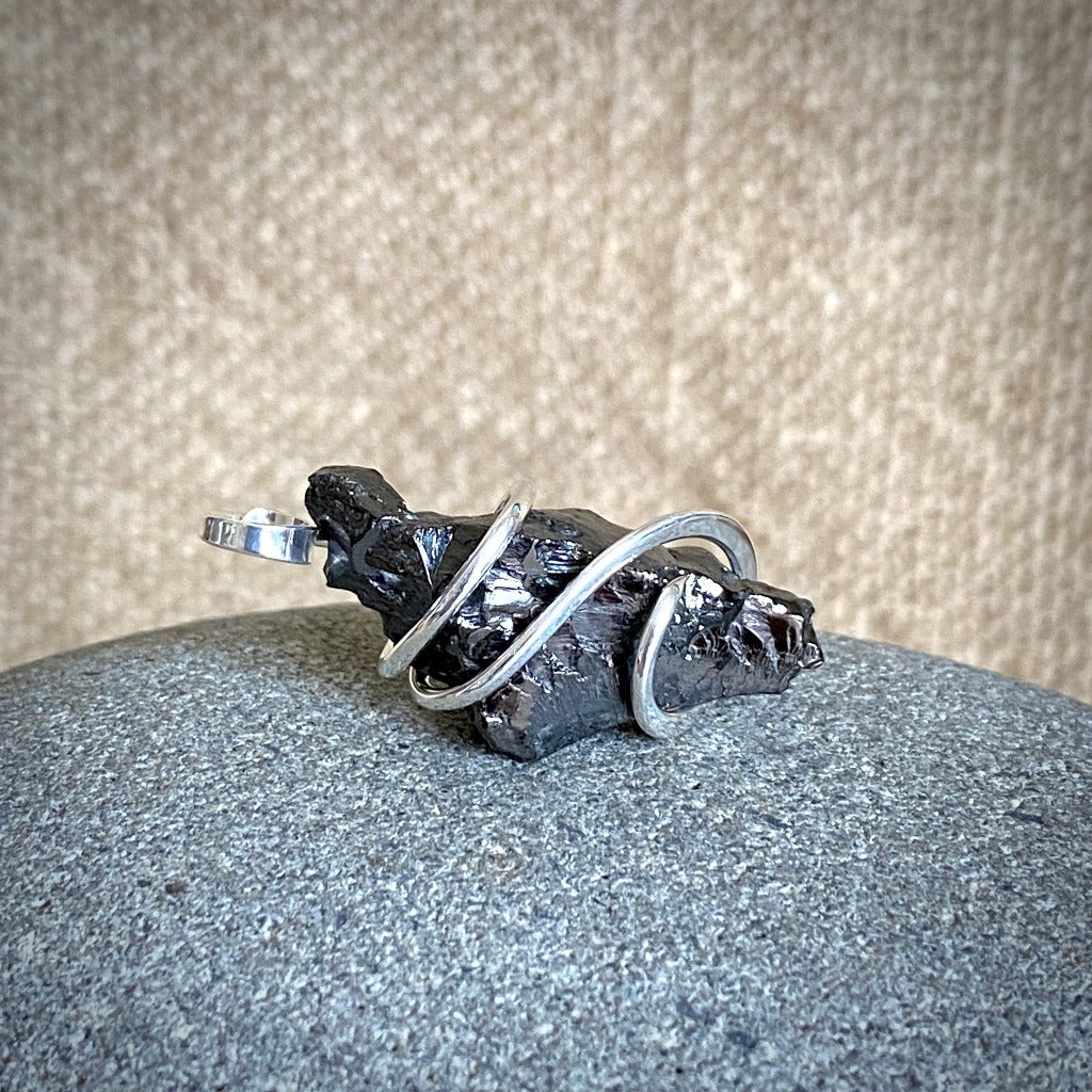 Elite Shungite Pendant, 35mm, Hand Forged Sterling Silver Wire Setting