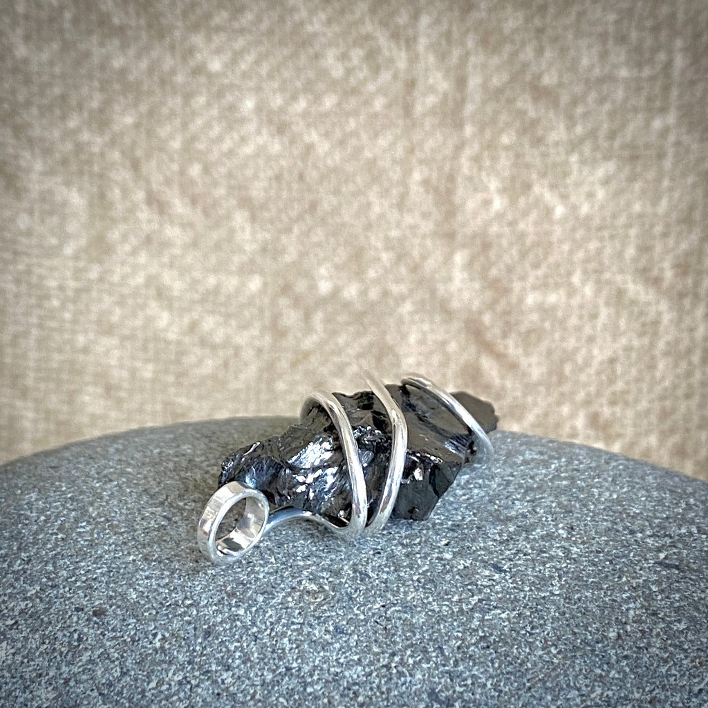 Elite Shungite Pendant, 35mm, Hand Forged Sterling Silver Wire Setting