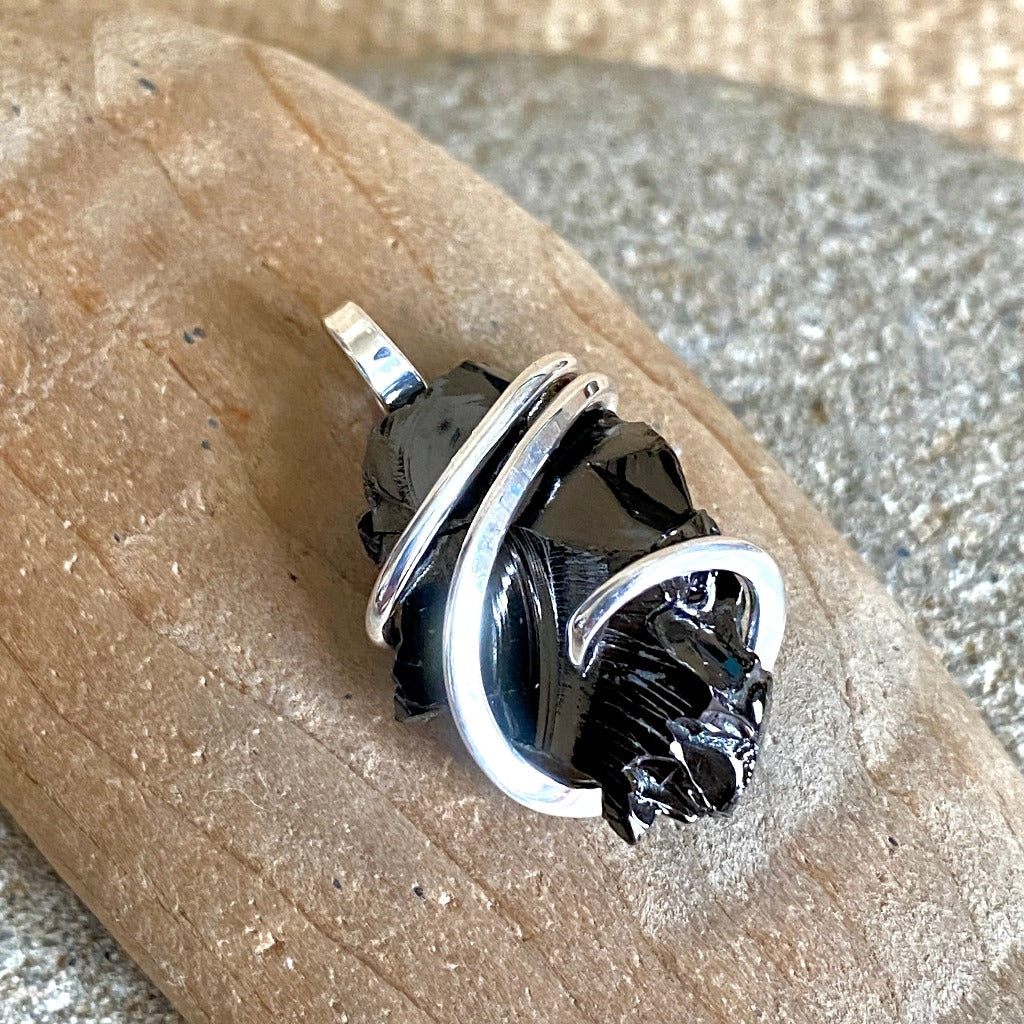 Elite Shungite Pendant, 28mm, Hand Forged Sterling Silver Wire Setting