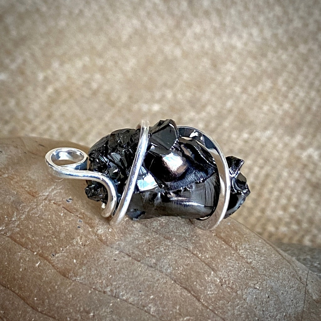 Elite Shungite Pendant, 28mm, Hand Forged Sterling Silver Wire Setting
