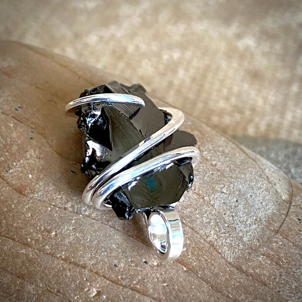 Elite Shungite Pendant, 28mm, Hand Forged Sterling Silver Wire Setting