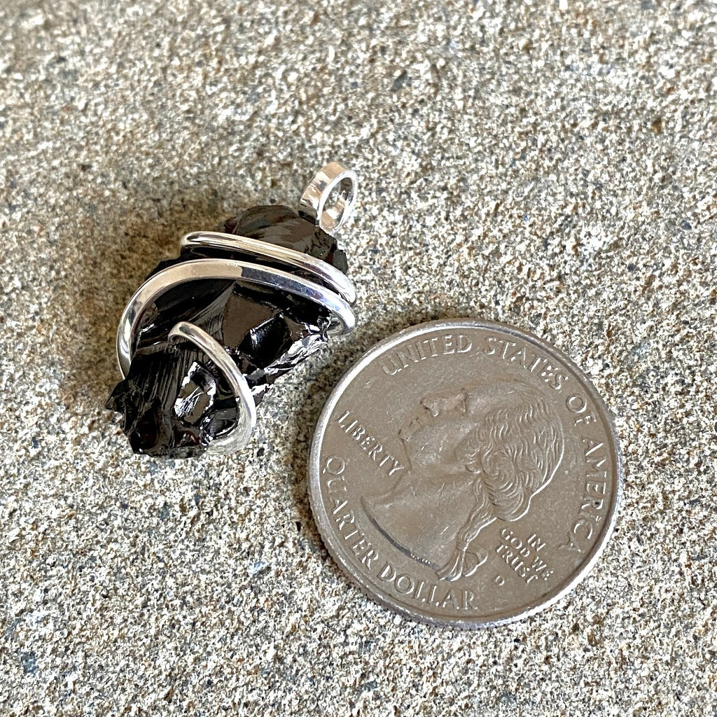 Elite Shungite Pendant, 28mm, Hand Forged Sterling Silver Wire Setting