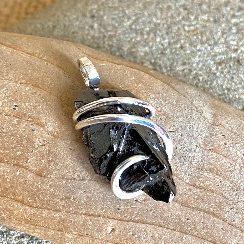 Elite Shungite Pendant, 30mm, Hand Forged Sterling Silver Wire Setting