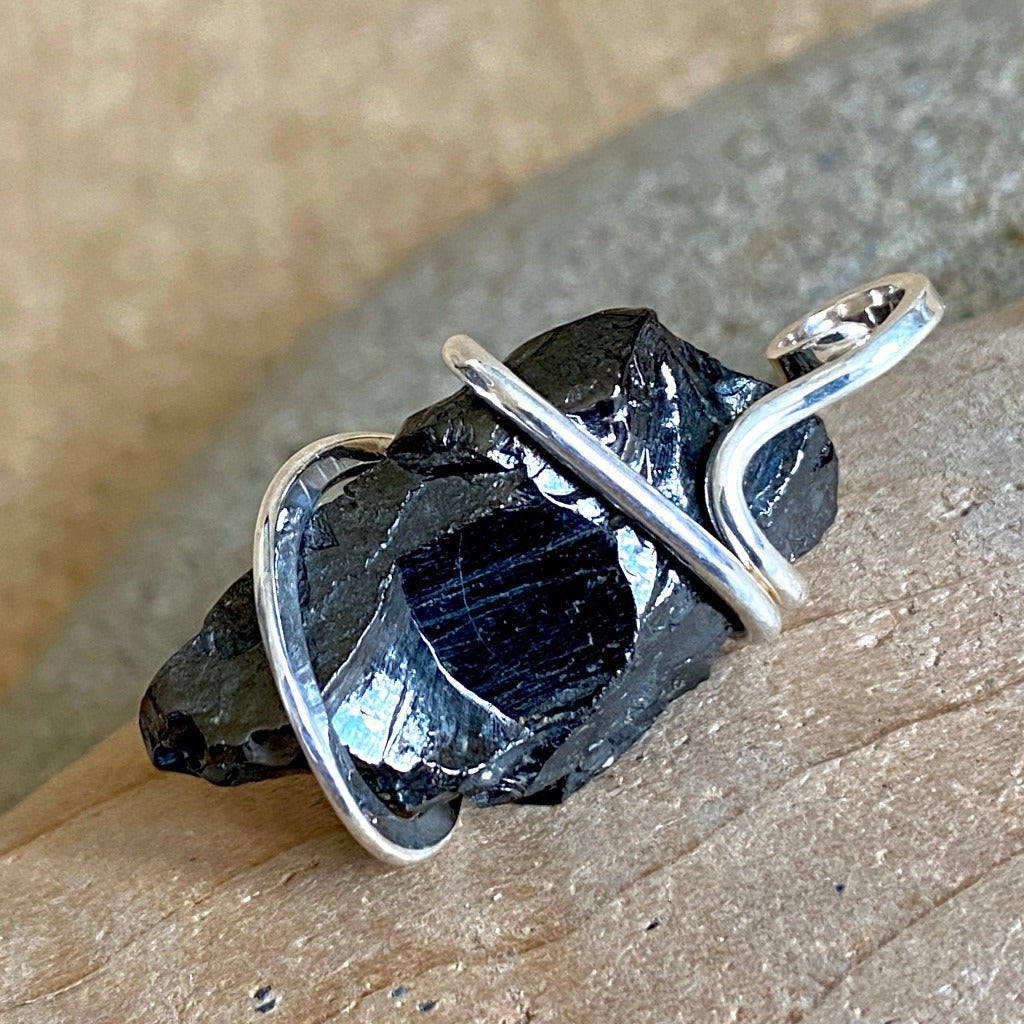 Elite Shungite Pendant, 30mm, Hand Forged Sterling Silver Wire Setting