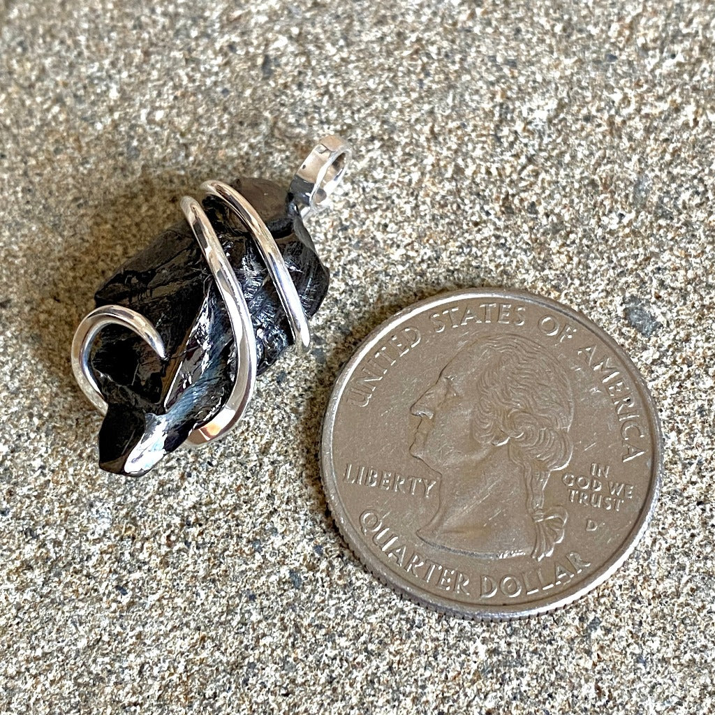 Elite Shungite Pendant, 30mm, Hand Forged Sterling Silver Wire Setting