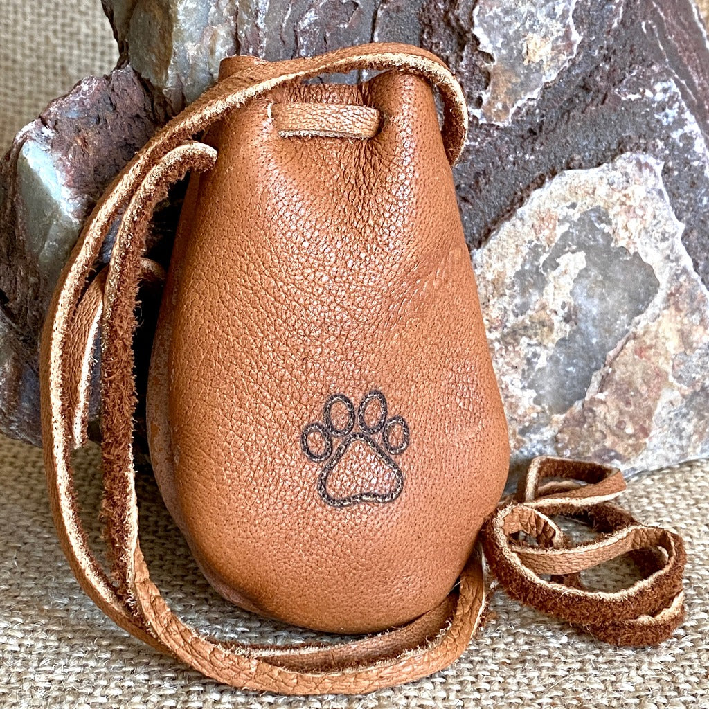 Shungite Palm Stone with Tumbled Amethyst in Elk Leather Neck Pouch