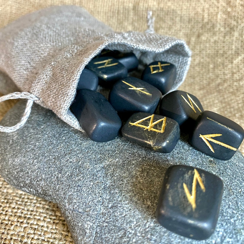 Elder Futhark deals Runes made from Shungite Stone, Handmade Leather Pouch, Norse