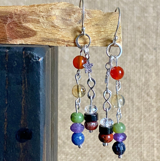 Dangly 7 Chakra Earrings With Sterling Silver Infinity & Star Charms