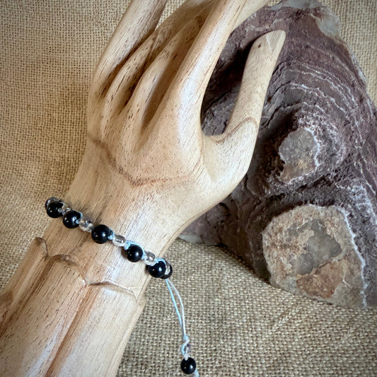 Light Blue Beaded Hemp & Linen Bracelet | Hint of Silver Sparkle on wooden arm