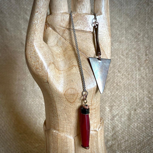 Mixed Metal Industrial Theme Pendulum, Shungite & Red Hairpipe Grip