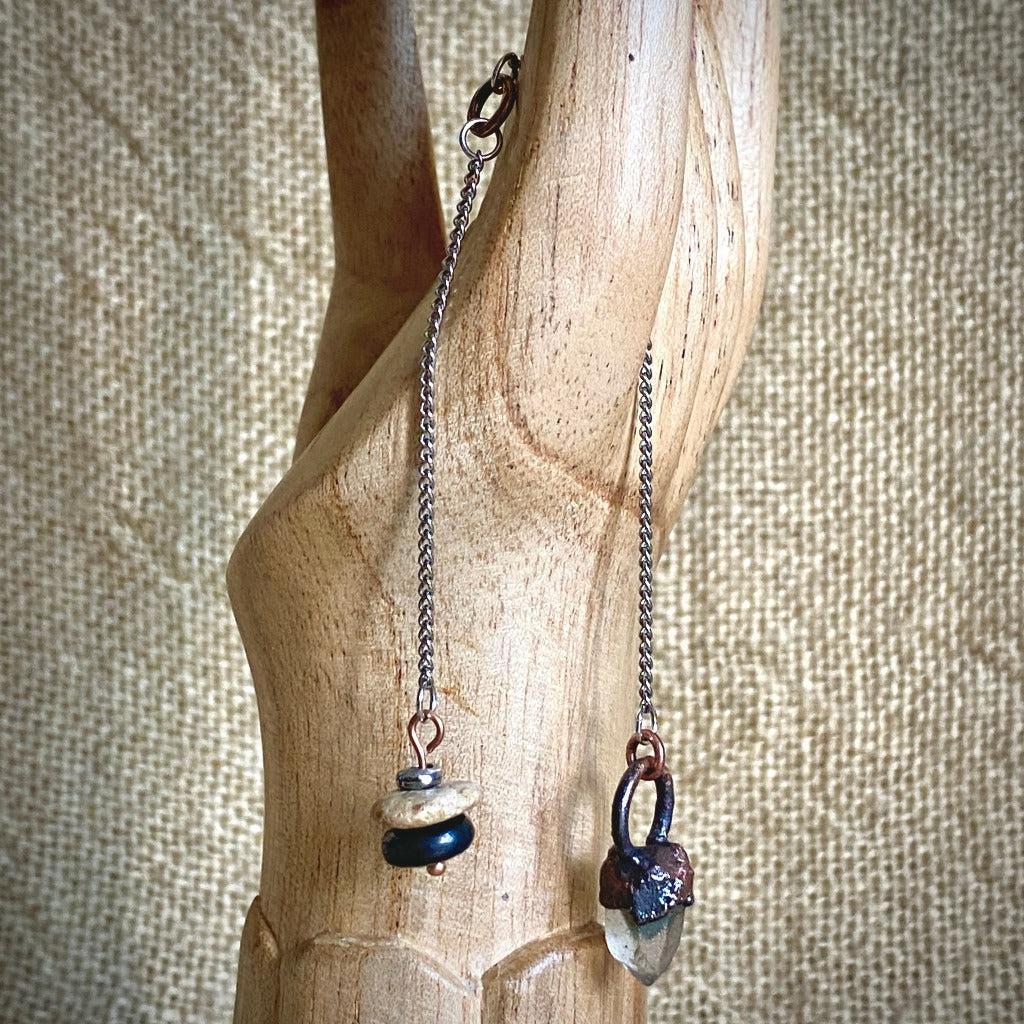 Quartz Crystal Pendulum, Copper, Titanium, Shungite, Beach Stone Grip