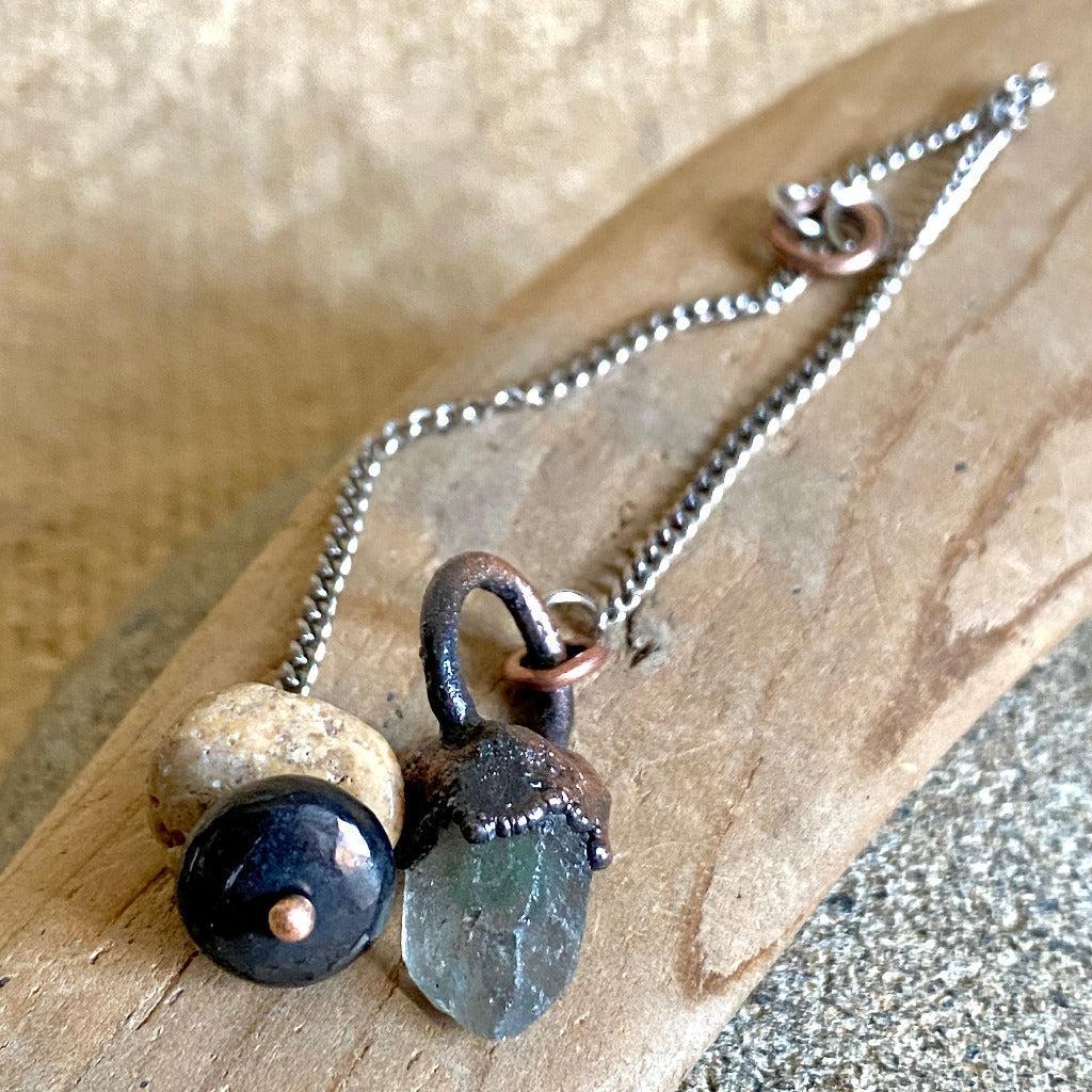 Quartz Crystal Pendulum, Copper, Titanium, Shungite, Beach Stone Grip