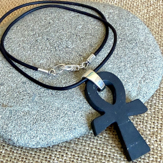Shungite Ankh Necklace | With Sterling Silver Bail & Dolphin Clasp