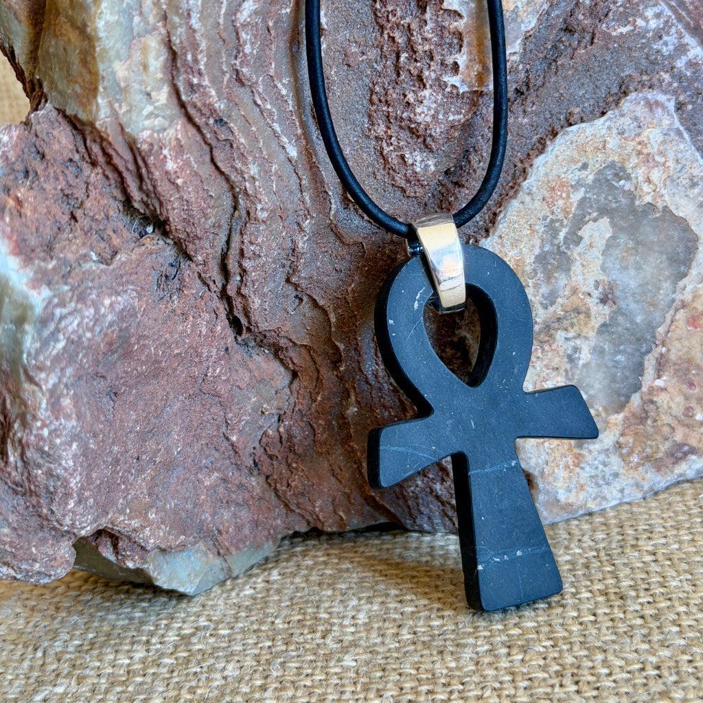 Shungite Ankh Necklace | With Sterling Silver Bail & Dolphin Clasp