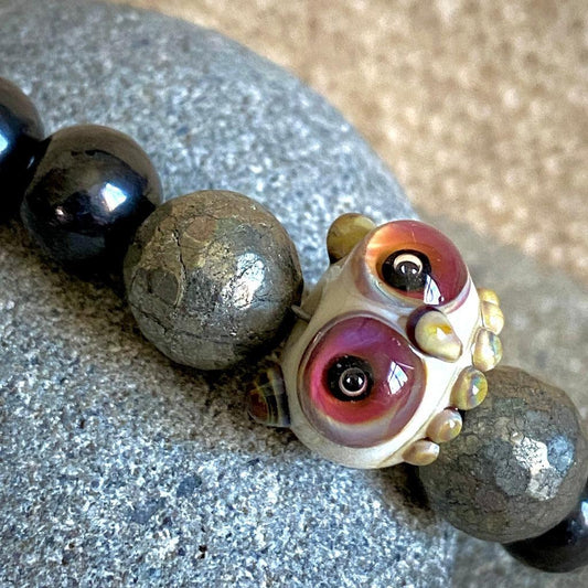 Shungite Bracelet, Owl Lampwork Glass Focal, Faceted Pyrite Beads