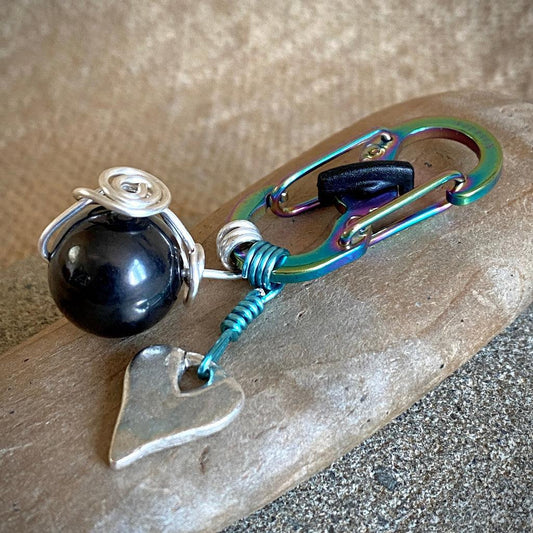Shungite Clip-On for Pets | Round Bead, Heart Charm, Blue & Silver