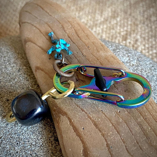 Shungite Clip-On for Pets | Square Bead, Green Frog Charm, Brass Wire