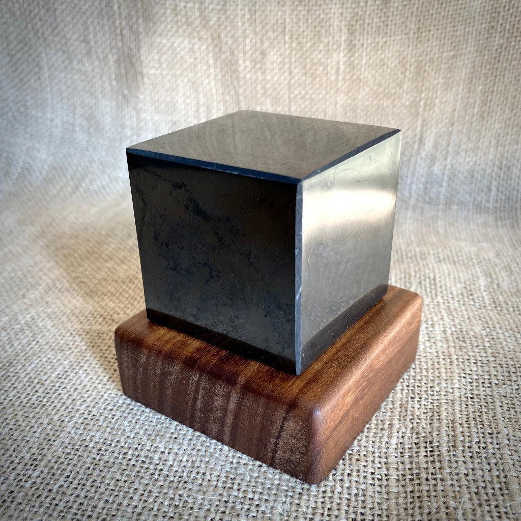 Shungite Cube, 2 Inch (50 mm) on Custom Mahogany Stand