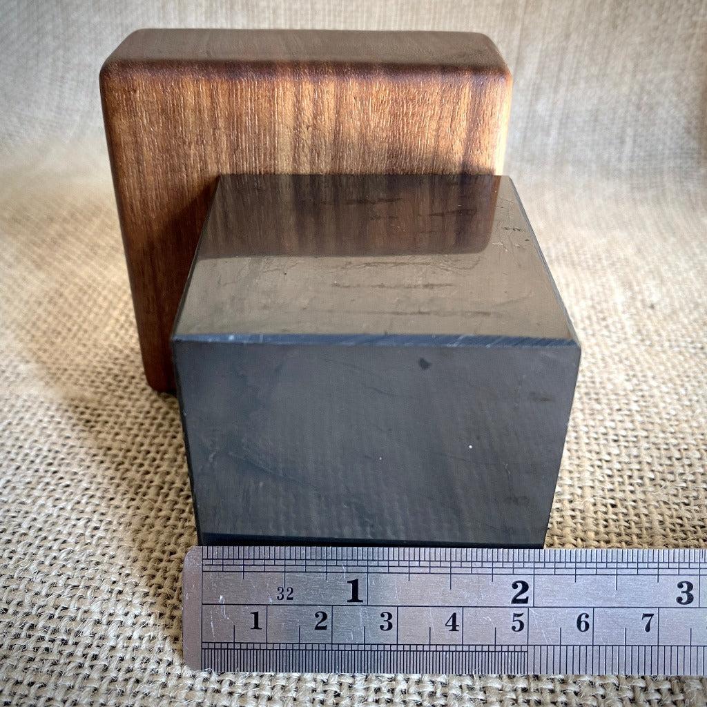 Shungite Cube, 2 Inch (50 mm) on Custom Mahogany Stand