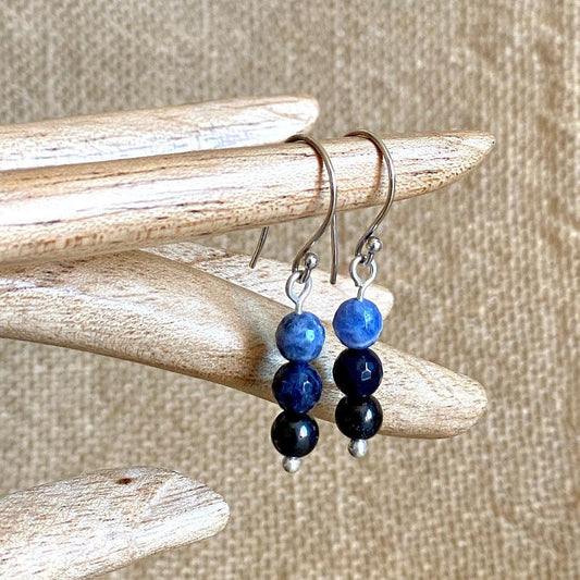 Shungite Earrings with Sodalite, Communication, Focus, Emotional Balance