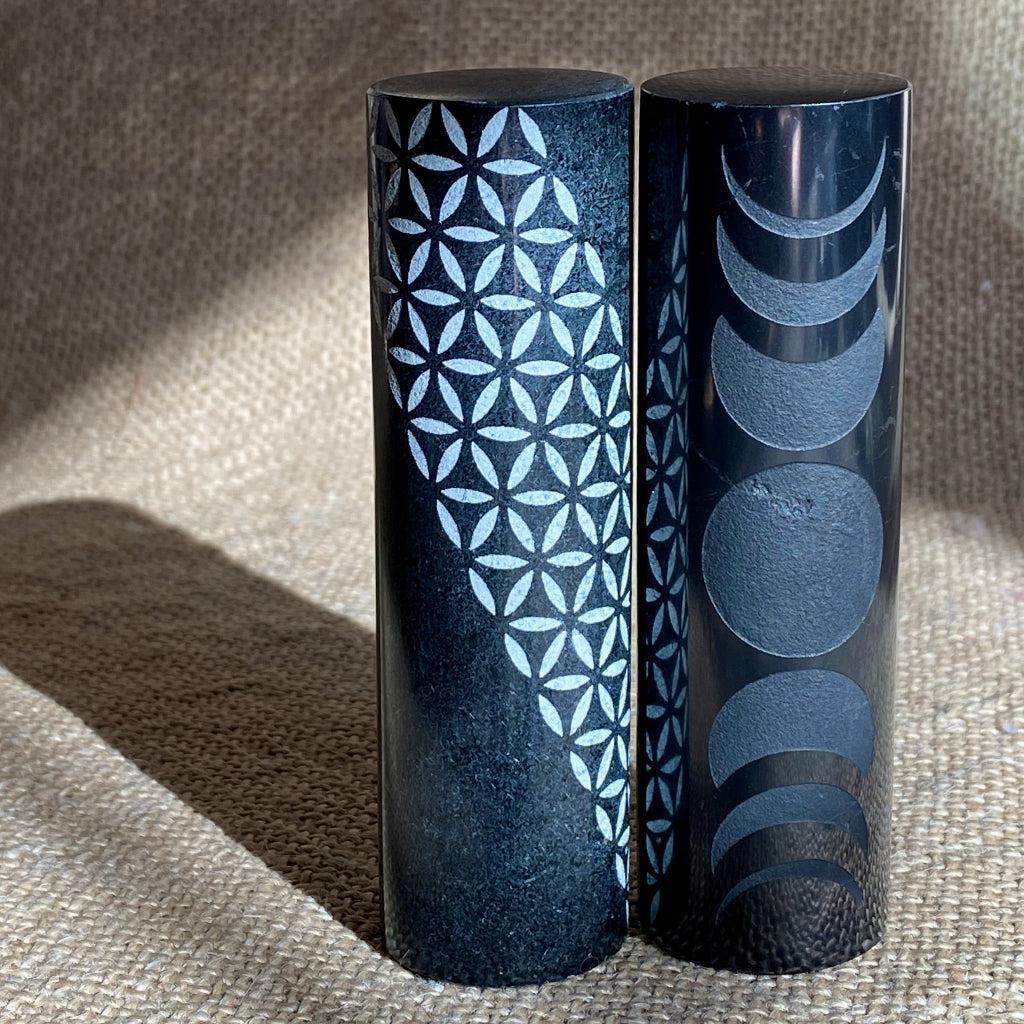 Shungite Harmonizer Cylinders | Wooden Flower of Life Display Stand